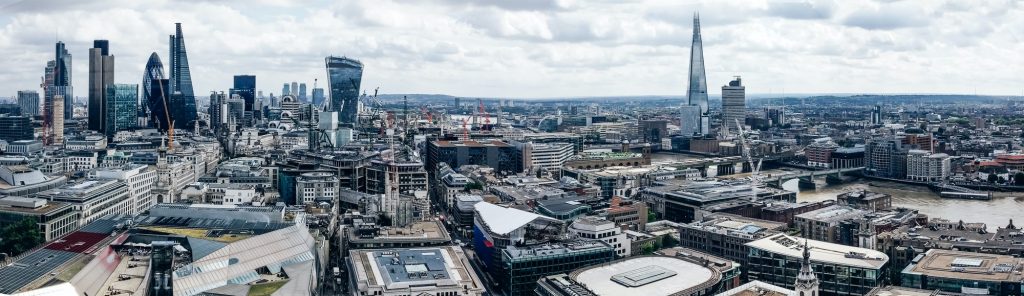 Aerial panorama of The City of London, England, UK